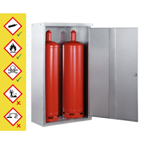 Gasflaschenschrank aus Stahl mit offenem Tür für 11 kg und 33 kg Propangasflaschen, zwei rote Gasflaschen sichtbar