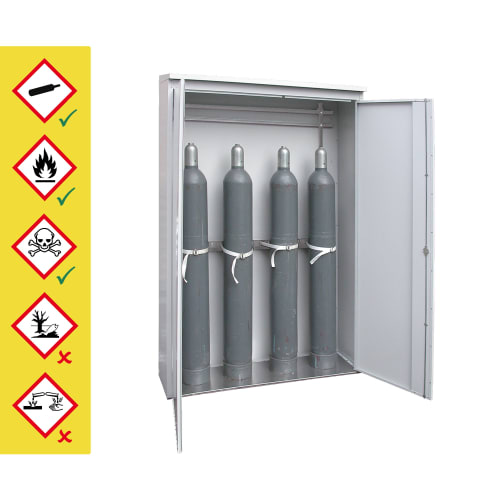 Gasflaschenschrank aus Stahl mit vier grauen Druckgasflaschen und geöffneten Türen