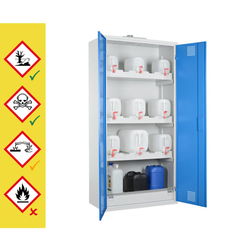 Chemikalienschrank für Kanister mit blauen Türen und mehreren weißen und farbigen Kanistern im Inneren
