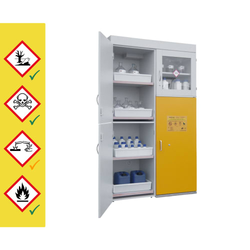 Gefahrstoffschrank Kombi mit geöffneten Türen, gelbe Tür, verschiedene Gefahrstoffbehälter und Gefahrstoffsymbole auf gelbem Hintergrund