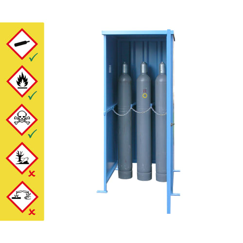 Blauer Gasflaschenschrank ohne Boden mit drei gesicherten Gasflaschen für den Außenbereich