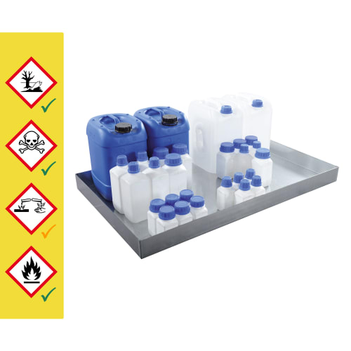 Kleingebinde-Auffangwanne mit verschiedenen blauen und weißen Kunststoffbehältern zur sicheren Lagerung von Gefahrstoffen