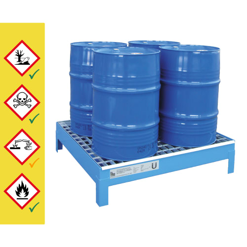 Auffangwanne aus Stahl mit vier blauen 60-Liter-Fässern zur sicheren Lagerung von Gefahrstoffen