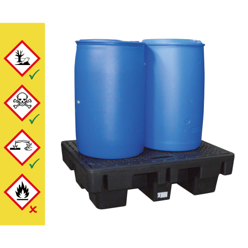 Auffangwanne aus Kunststoff mit zwei blauen 200-Liter-Fässern, geeignet für Paletten