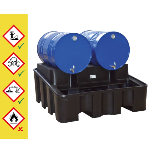 Auffangwanne aus Kunststoff mit integriertem Abfüllbock und zwei blauen Fässern