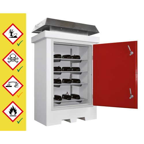 Akku-Sicherheitsschrank Typ 90 aus Beton mit offenem roten Tür und mehreren Lithium-Ionen-Akkus auf Regalen zur sicheren Lagerung