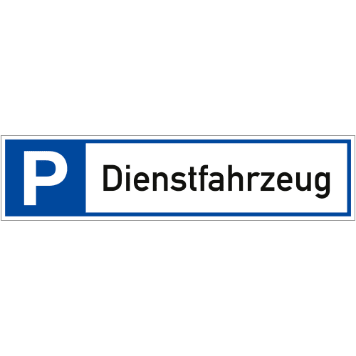 Parkplatzschild mit Aufschrift Dienstfahrzeug in blau und weiß