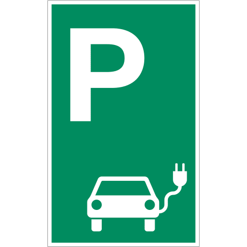 Parkplatzschild mit weißem P und Elektroauto-Symbol auf grünem Grund für Elektrofahrzeuge