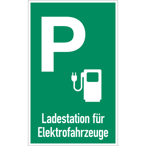 Parkplatzschild mit weißem P, Symbol einer E-Ladesäule und Text Ladestation für Elektrofahrzeuge auf grünem Grund