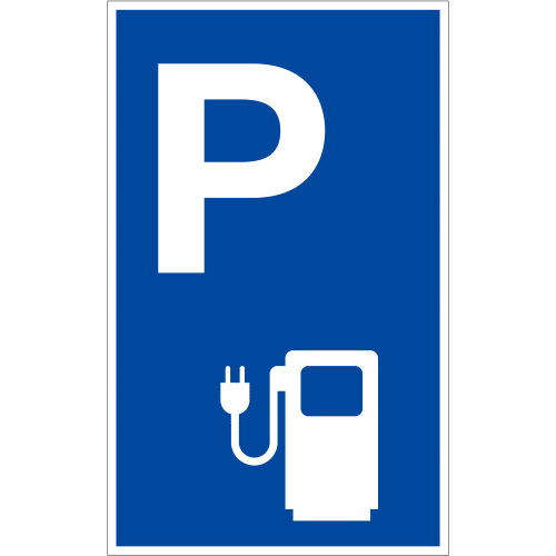 Parkplatzschild mit weißem P und Symbol einer E-Ladesäule auf blauem Hintergrund