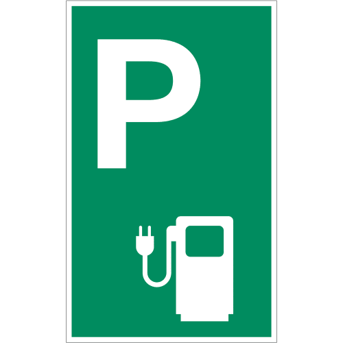 Parkplatzschild mit weißem P und Symbol einer E-Ladesäule auf grünem Grund