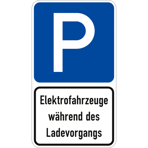 Parkplatzschild P für Elektrofahrzeuge während des Ladevorgangs, zweifarbig mit blauem P und schwarzer Schrift