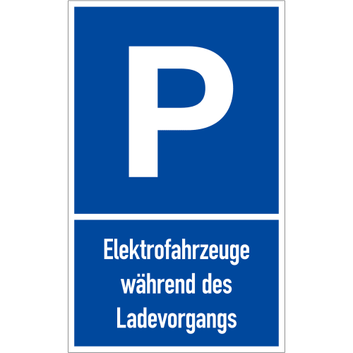 Parkplatzschild P für Elektrofahrzeuge während des Ladevorgangs in blau und weiß