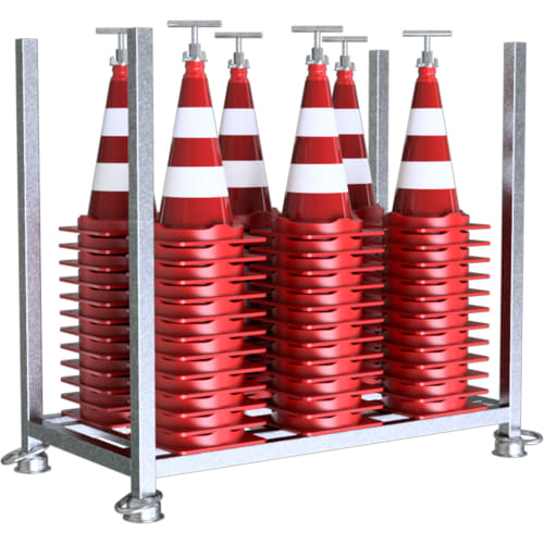 72er Komplett-Set Verkehrsleitkegel nach StVO mit TL und RSA, rot-weiße Leitkegel gestapelt in Metallgestell