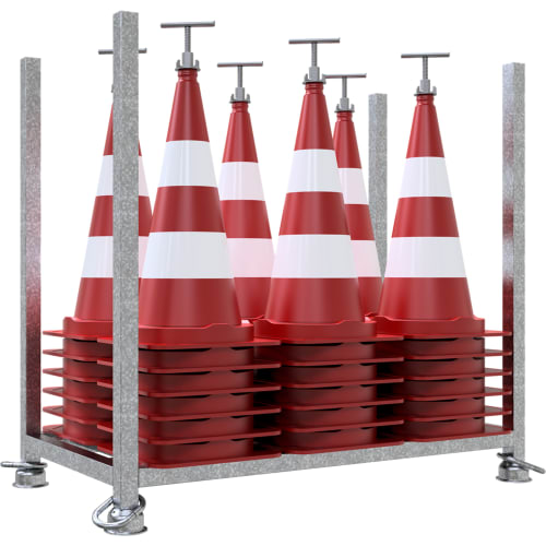 36er Komplett-Set Verkehrsleitkegel nach StVO mit rotem und weißem Streifenmuster, gestapelt in einem Metallgestell