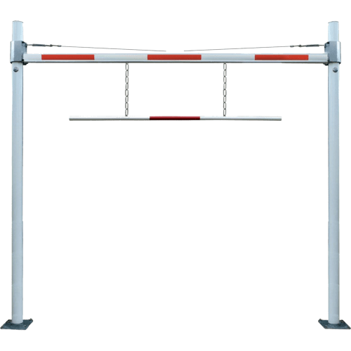 Höhenbegrenzungssperre starr mit stufenloser Höhenbeschränkung bis max. 3,8 m, weiß mit roten Markierungen