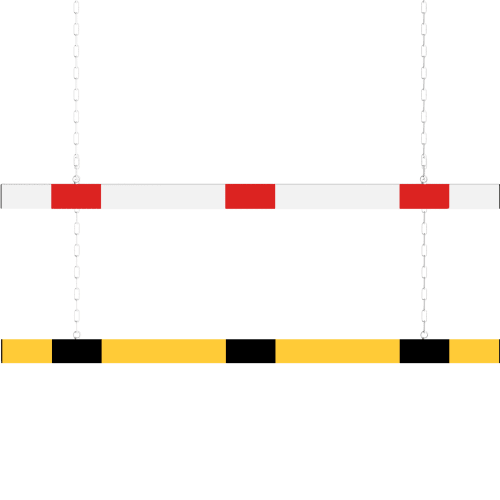 Höhenbegrenzer BUMP aus Aluminium mit rot-weißen und gelb-schwarzen Markierungen, hängend an Ketten