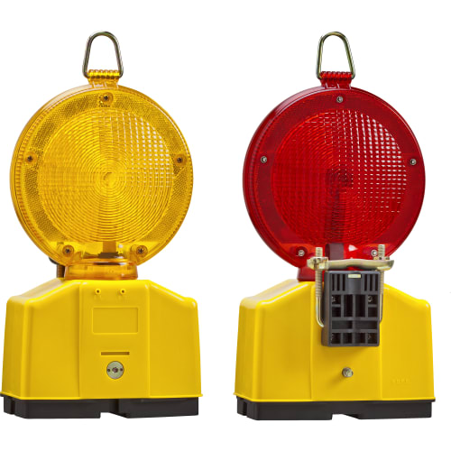 TL Schranken-Warnleuchte Typ 2000 mit gelbem und rotem Warnlicht, Vorder- und Rückansicht