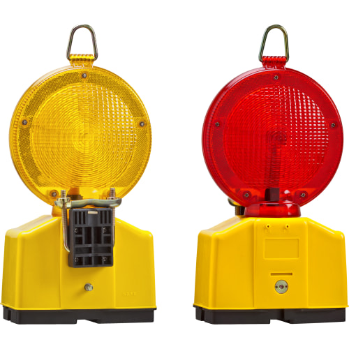 Warnleuchte Baustellenlampe Typ 2000/160 mit gelbem und rotem Leuchtkopf, gelbes Gehäuse
