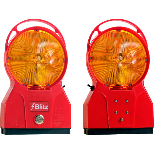 Blitzleuchte Typ FUTURE-LED Warnleuchte für Baustellen in rot mit gelbem Leuchtmittel, Vorder- und Rückansicht