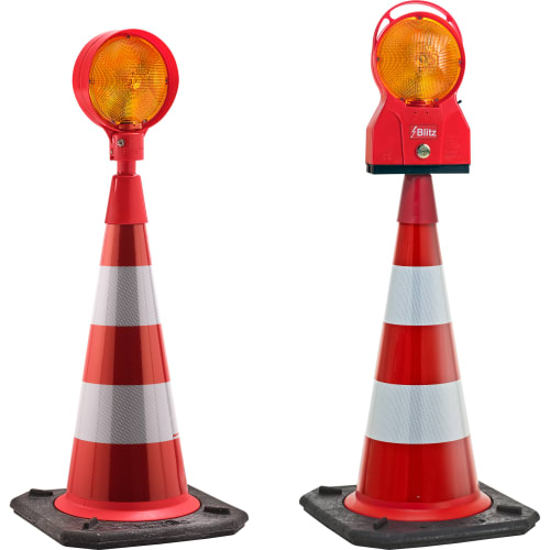 Zweiteiliger TL-Leitkegel mit vollretroreflektierenden Streifen und Blitzleuchte, rot-weiß, auf schwarzer Basis