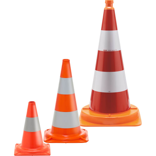 Drei orange Leitkegel Molan Lux in verschiedenen Größen mit reflektierenden Streifen