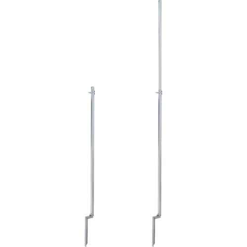 Zwei Einschlagpfosten aus Metall mit Erdspieß und Halterung