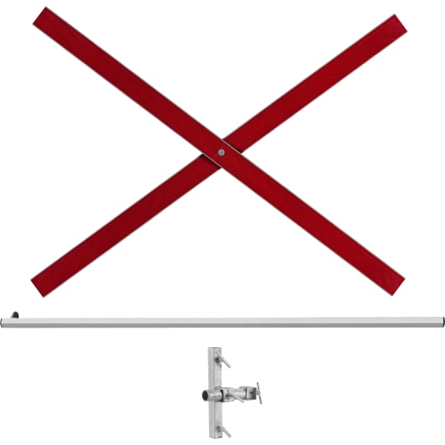 Auskreuzvorrichtung für Großschilder berührungsfrei mit rotem reflektierendem Kreuz und Metallhalterung