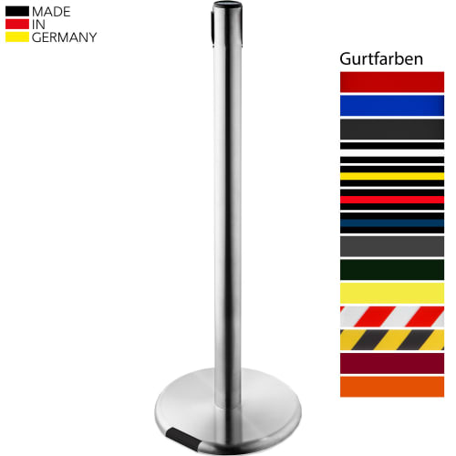 Edler Gurtabsperrpfosten FUTURE GLARO 45 aus Edelstahl mit verschiedenen Gurtfarben, Made in Germany