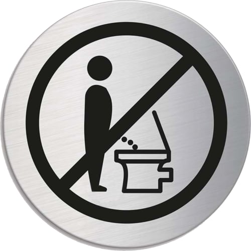 Rundes Piktogramm mit Rand, das zeigt, dass die Toilette nicht im Stehen benutzt werden soll, schwarzes Symbol auf silbernem Hintergrund