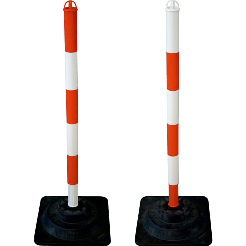 Kettenpfosten EcoMax mit Hartgummifuß, rot-weiß gestreift, mit stabilem schwarzem Hartgummifuß