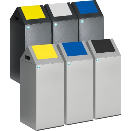 Wertstoff-Sammler WSG 55S selbstlöschend in verschiedenen Farben mit gelbem, blauem, schwarzem und grauem Deckel