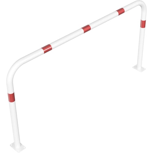 Weißer Anlehnbügel aus Stahl mit roten Markierungen, wahlweise mit Querholm, zum Aufdübeln, Ø 60 mm