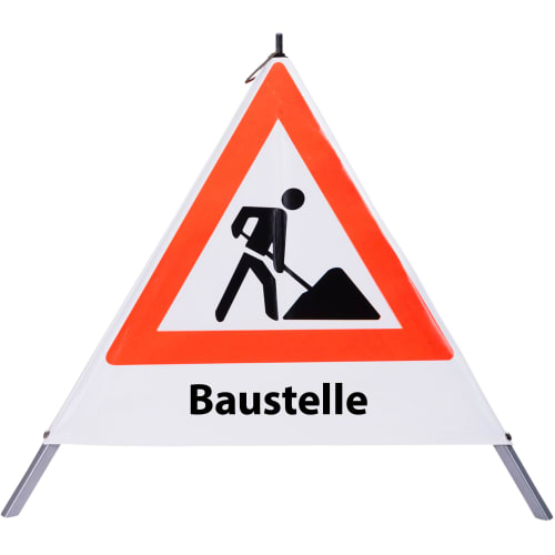 Faltsignal Baustelle mit rotem Dreieck und schwarzem Baustellensymbol mit Text Baustelle