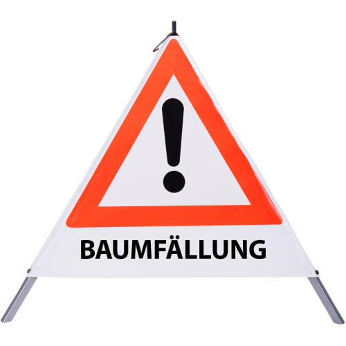 Faltsignal mit rotem Dreieck und Ausrufezeichen, Warnschild Baumfällung