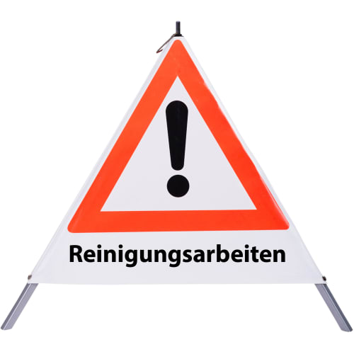Faltsignal mit rotem Dreieck und Ausrufezeichen, Text Reinigungsarbeiten
