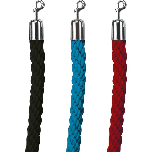 Kordelseil mit Karabinerhaken in den Farben Schwarz, Blau und Rot