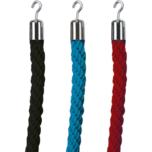 Drei Kordelseile mit Haken in den Farben Schwarz, Blau und Rot