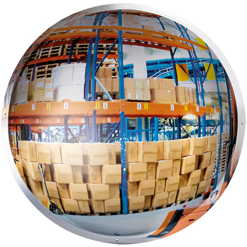 Panoramaspiegel 360 Grad zur Überprüfung von drei Richtungen in einem Lager mit Kartons und Regalen