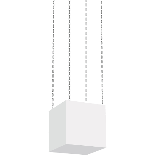 Weißer Würfel FLEX BOX mit Deckenabhängung an vier Ketten