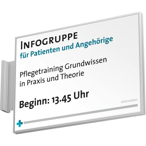 MADRID Fahnenschild papierflexibel mit Aufschrift Infogruppe für Patienten und Angehörige, Pflegetraining Grundwissen in Praxis und Theorie, Beginn 13:45 Uhr