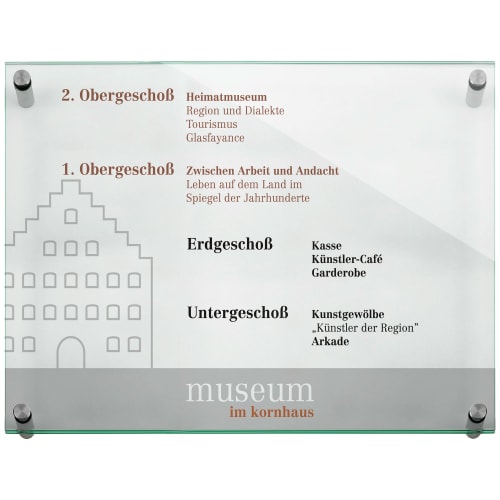 GALERIE Etagenwegweiser aus Glas mit Beschriftung der Museumsetagen: 2. Obergeschoss Heimatmuseum, 1. Obergeschoss Zwischen Arbeit und Andacht, Erdgeschoss Kasse, Künstler-Café, Garderobe, Untergeschoss Kunstgewölbe, Künstler der Region, Arkade