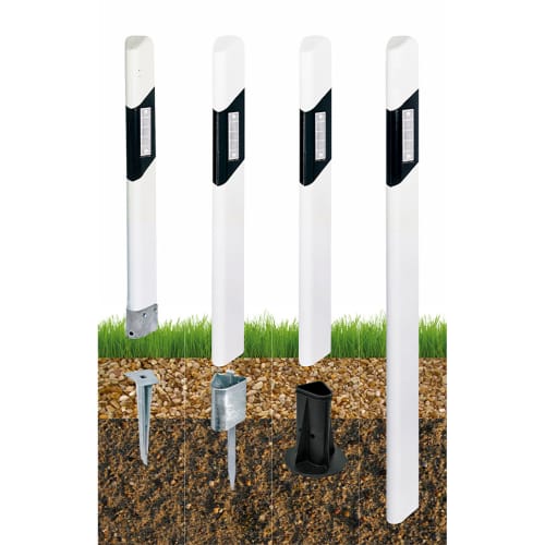 Sockel-Leitpfosten mit verschiedenen Befestigungsmöglichkeiten im Boden, weiß mit schwarzem Reflektor
