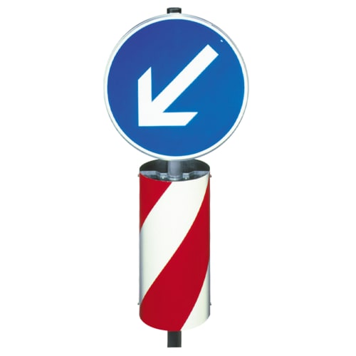 Verkehrsleitsäule Ausführung D mit rundem blauen Schild und weißem Pfeil nach links unten, roter und weißer Streifenmuster-Säule