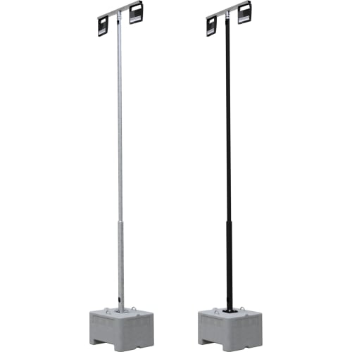 4 m Lampenmast Komplett-Set mit LED-Baustrahlern, zwei Varianten in verzinktem und schwarzem Design auf Betonbasis