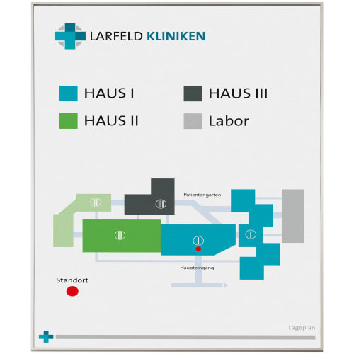 MADRID Etagenwegweiser mit Lageplan der Larfeld Kliniken, zeigt Haus I, Haus II, Haus III und Labor mit farblich markierten Bereichen und Standortanzeige
