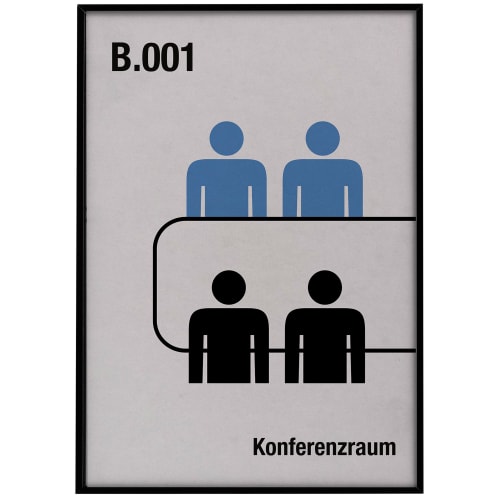 MADRID Black Line Türschild mit der Aufschrift B.001 und dem Wort Konferenzraum, zeigt stilisierte blaue und schwarze Figuren an einem Tisch