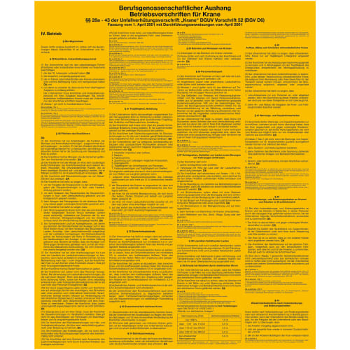 Berufsgenossenschaftlicher Aushang Betriebsvorschriften für Krane mit Sicherheits- und Betriebsanweisungen