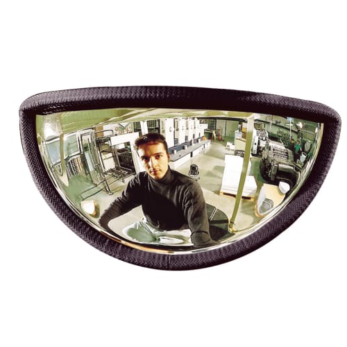 Universal Rückspiegel für Gabelstapler mit Blick auf eine Person und Lagerhalle zur Überprüfung von 3 Richtungen