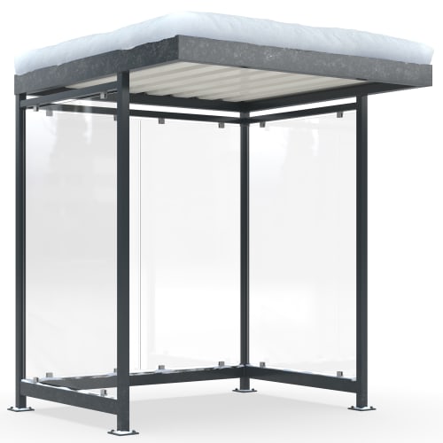 Wartehalle Köln Modell K2 a/a Alpine mit hohem Schneelastdach und transparenten Seitenwänden